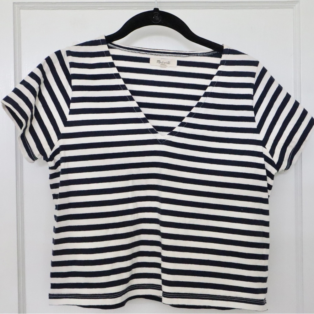 Madewell navy and white stripe v-neck boxy tee